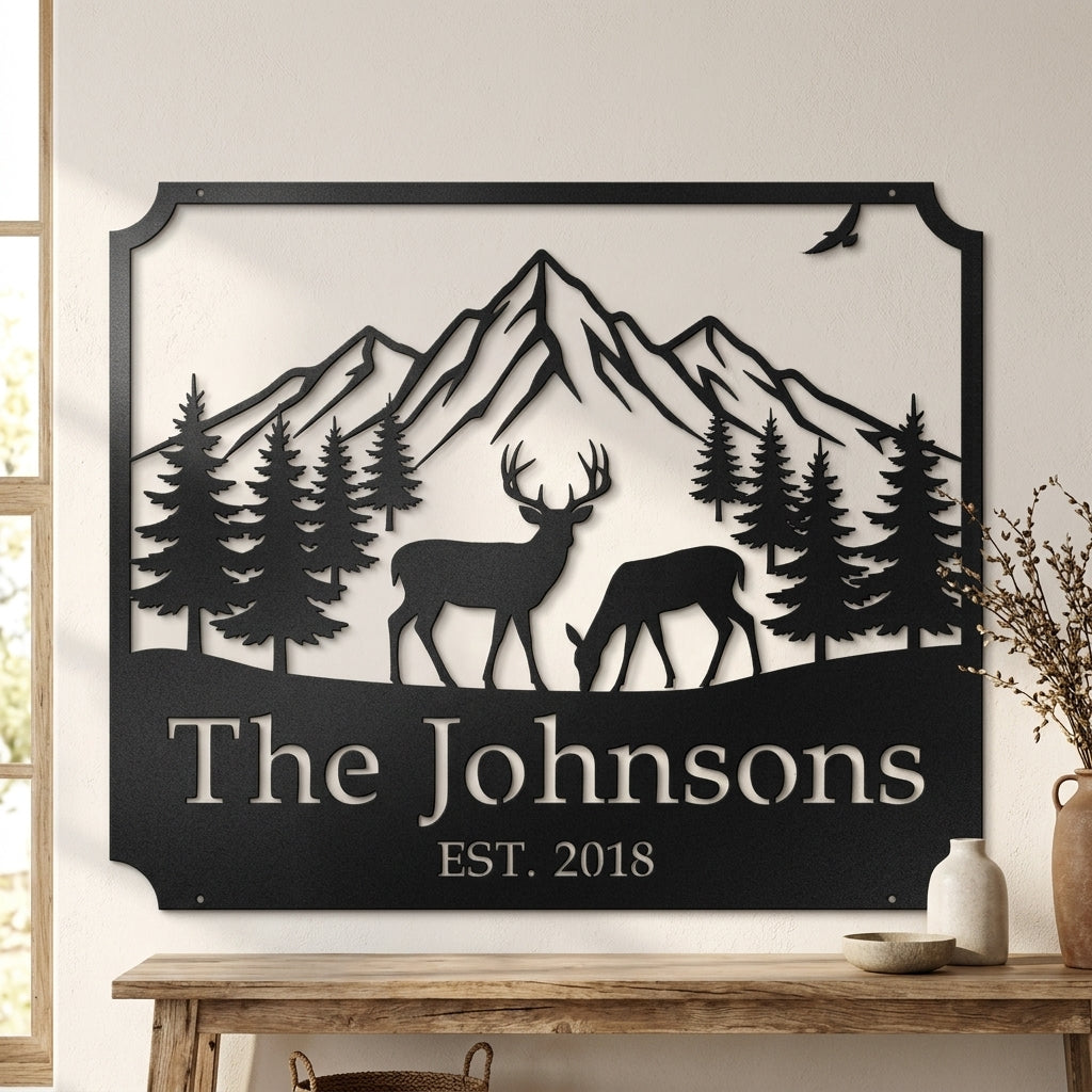 Personalized Mountain Scene Metal Sign – Custom Family Name Cabin, Lodge & Outdoor Wall Decor